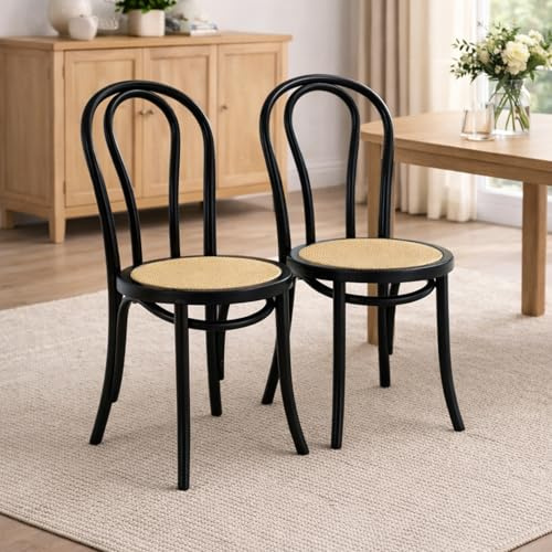 DM Furniture Solid Wood Dining Chairs Set of 2, French Bistro Dining Chairs, Solid Bentwood Chairs with Rattan Seat for Dining/Living Room,Home, Black Wood