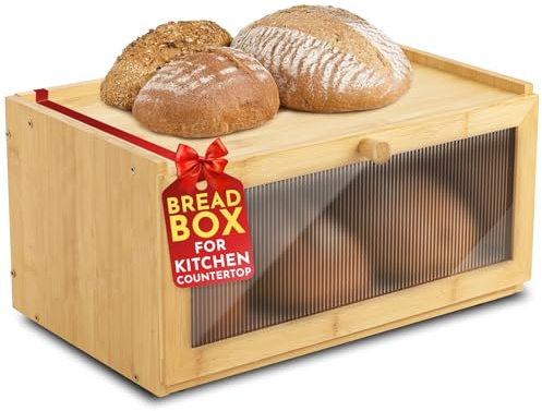 Culinary Couture Bamboo Bread Box for Kitchen Countertop - Large Capacity Storage BreadBox for Homemade Bread with Acrylic Window and Extra Top Storage