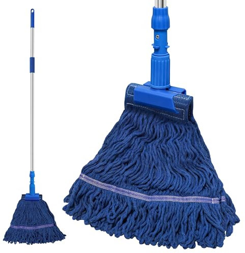 NEWE Comercial para Mopas de Limpieza Suelos, Fregona Industrial con Mango de 140 cm, Fregona de Cuerda en Seco y Húmedo para Madera Dura, Baldosas, Hormigón, Cocina, Hogar, Oficina, Garaje (Azul)