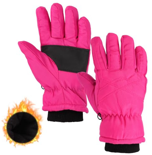 Mayoii Winter Waterproof Kids Ski Gloves, Fleece Lined Thermal Snow Mittens Cold Weather Warm Windproof Glove for 4-14 Years Old Boys Girls Children Snowboard Skating Outdoor Activities (Rose Red-XS)