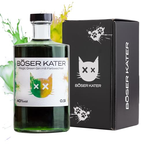 BÖSER KATER Magic Green Gin | Farbwechsel-Effekt von Grün zu Gelb-Orange durch Tonic | Das perfekte Geschenk in hochwertiger Geschenkbox | Handgemacht mit fruchtigem Citrus-Geschmack 0,5l 40% Vol.