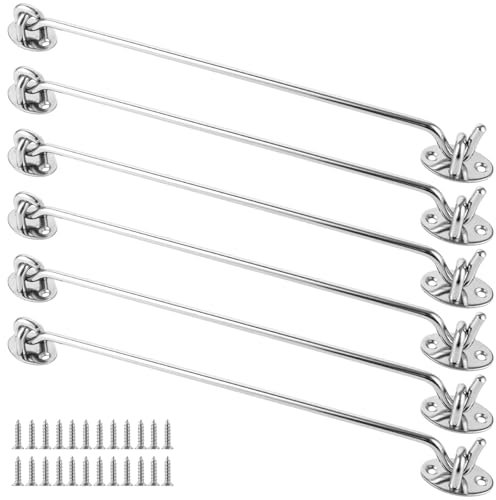 GBACHOOSE Pack of 6 storm hooks with eyelet 30 cm, stainless steel cabin hooks, vintage door hooks, window hooks for roller shutters, storage doors and windows, sliding doors, garden fences