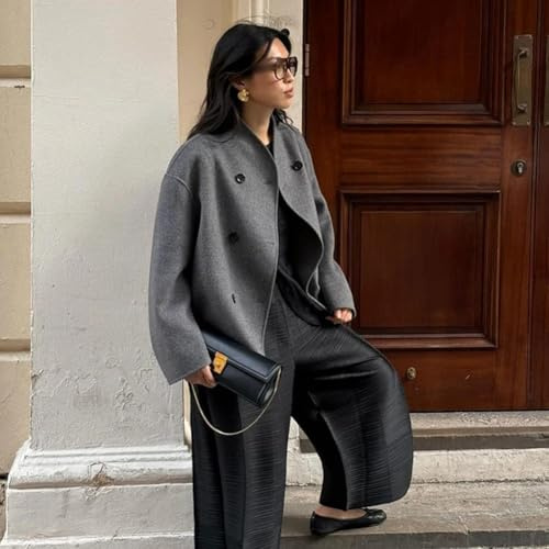 Cappotto corto di lana da donna, autunno e inverno, design doppio petto elegante con uso (M grigio)