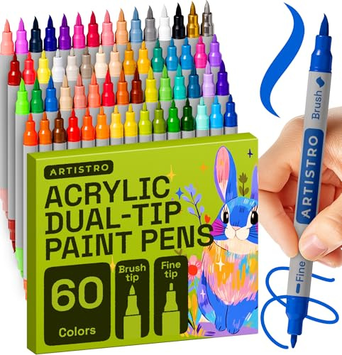 ARTISTRO 60 Acrylic Paint Pens Dual-Tip Brush+Fine for Fabric, Rock & Glass