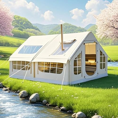 6–8 personer tält lufttält uppblåsbar camping med ugnshål och takfönster, stort familjetält hustält för Gampingtält, familjetält, stort lufthustält, 4-säsongs stora kabintält (Grey 2)