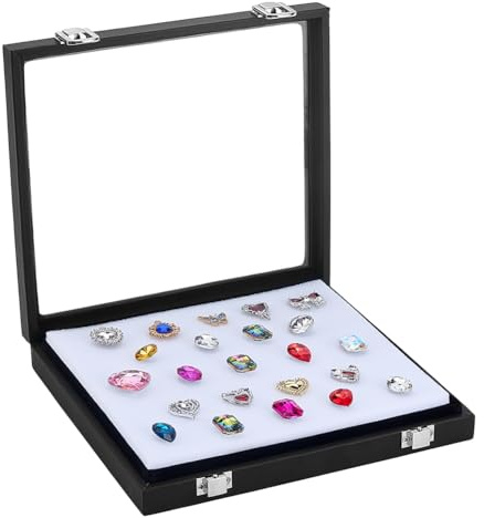PH PandaHall Boîte de Rangement Diamond Vitrine à Bijoux en Cuir Présentation de Pierres Précieuses Organisateur de Bijoux Couvercle en Verre avec Éponge et Fermoir pour Cristaux Strass de Collection