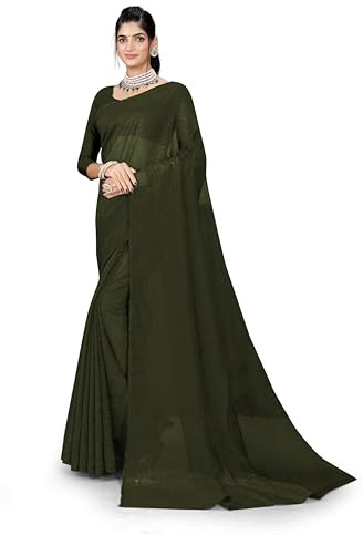 ETHNICMODE indien Sari For femme Plain Zari Chiffon Light Weight Party Wear Mehendi Saree With Unstitched Blouse Piece-1258