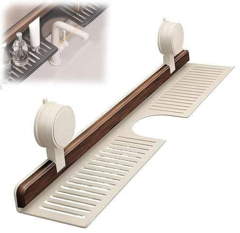 Étagère de salle de bain à ventouse en noyer sans perçage pour évier de salle de bain, étagère de rangement murale en bois pour cuisine, organiseur flottant amovible (blanc, 60 cm)