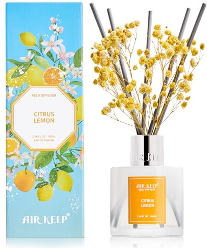 Airkeep Rumdoft med 8 doftpinnar 100 ml, citruscitron långvarig luftfräschare, naturlig doft, dekoration för badrum, sovrum, vardagsrum och kontor