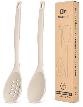 Confezione da 2 cucchiai da cucina in silicone, antiaderenti, solidi, con segni di misurazione e ganci posteriori, cucchiaio scanalato in silicone resistente al calore, per cucinare, mescolare