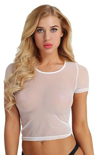 MIRKUZI Camisetas para mujer, 1 camiseta blanca de malla de manga corta para mujer, top de malla sexy, camiseta de malla corta, cuello redondo y manga corta