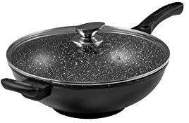 Pradel Excellence - Wok avec Grille Demi-Lune et Couvercle en Verre - Fonte d’Aluminium Anti-Adhésive Sans PFOA - Tous Feux dont Induction - Passe au Lave-Vaisselle - 5 L
