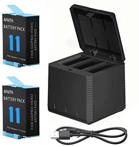 AFAITH 2 batterier med laddning för GoPro Hero 10/9 Black, batteriladdare med 2 uppladdningsbara batteritillbehör + typ C-kabel för GoPro Hero 10/9 Black