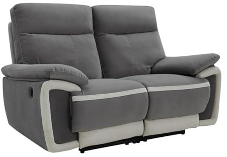 Vente-unique-Divano 2 posti relax elettrico in Velluto Grigio e fasce Écru - METTI