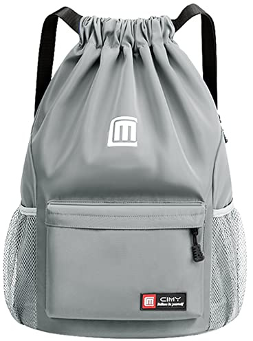 Eucomir Sacca Sportiva Palestra, Sacchetto Sportivo Con Tasche In Rete, Borsa Da Palestra In Nylon Impermeabile Con Coulisse Coulisse Con Cerniera Esterna,Grigio