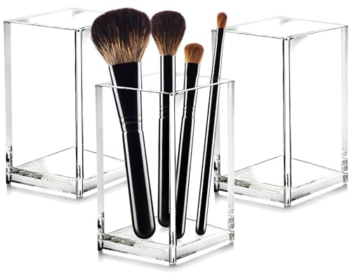 Cerpourt 3 Pack Clear Acrylic Makeup Brush Holder,Acrylic Cosmetic Brushes Storage Organizer,Pencil Pen Holder Cup for Desk,Modern Design Desk Accessories for Office School Home Supplies