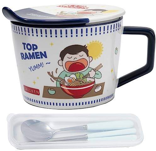 lachineuse – Cuenco de fideos instantáneos – Cuenco de Ramen japonés y fideos chinos – con cubiertos y tapa – Cuenco para desayuno, sopa, arroz – Idea de regalo asiático Japón China – Taza Noodles
