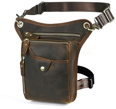 Handadsume Tela Resistente All'acqua + Vera Pelle Moto Equitazione Travel Coscia Borsa per Gambe Marsupio in Vita Per Gli Uomini Donne 2141 211-5 (100% Vera Pelle-211-5-Marrone)