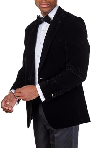 Xposed Giacca da Smoking in Velluto da Uomo, vestibilità su Misura, Formale, da Cena, da Sposa, Blazer con Revers a Lancia [BLZ-STAN-BLACK-54UK]