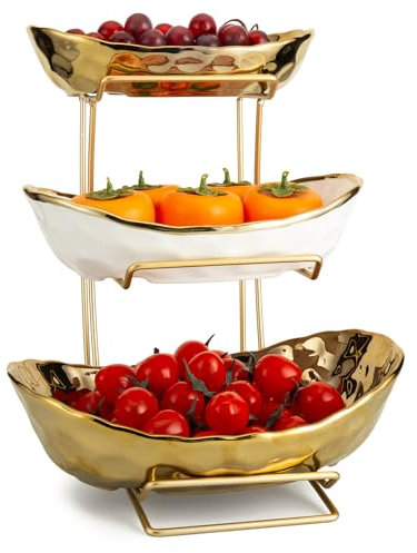 YYW 3 Tier Fruit Bowl for Kitchen Counter, White Gold Ceramic Fruit Stand for Countertop, Home Fruit Rack with Holder, Vegetable Bowl Snacks Nuts Bread Candy Storage (Gold)