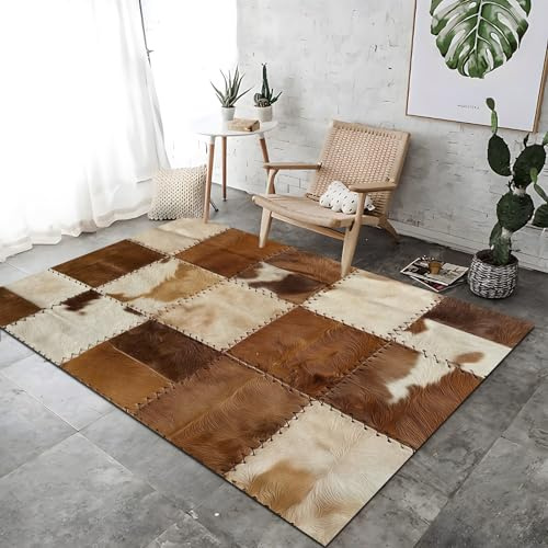 Tapis Patchwork pour Salon 160 x 230 cm à Rayures en Cuir de Vache avec Dos Antidérapant - Pile Courte et Douce pour Cuisine, Salle à Manger, Bureau, Chambre, Multicolore