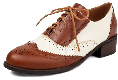 SHEMEE Women's Chunky Low Heels Oxfords Saddle Shoes Creeper Vintage Wingtip Brogues Perforated Flats Lace Up Pumps Two Tone Brown White,US 11