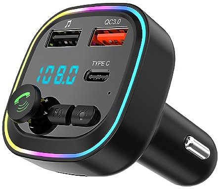 Transmisor FM Bluetooth 5.3, Adaptador inalámbrico Manos Libres para Coche, QC3.0 Carga Rápida Reproductor MP3 Bluetooth inalámbrico, 2 USB+1 Tipo C, Llamadas Manos Libres, Soporte USB y Tarjeta TF
