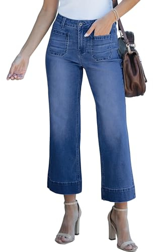 Roskiky - Jeans baggy femme taille haute, en denim, avec poches plaquées, bleu foncé, XXL