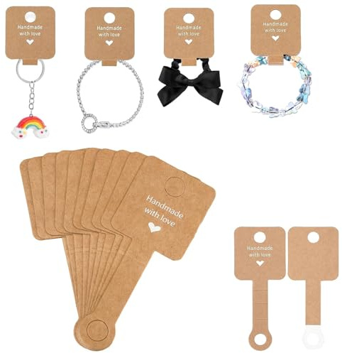 Weenwill Självhäftande displaykort för armband, 100 st displaykort med hål kraftpapper halsband visningskort hängande etiketter för nyckelring, örhängen, halsband, armband, smycken