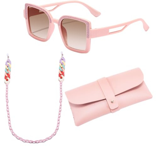PEZPEOR Set di 3 occhiali da sole per bambini, montatura quadrata, con catena per occhiali e custodia rosa, per bambine 4-8 anni