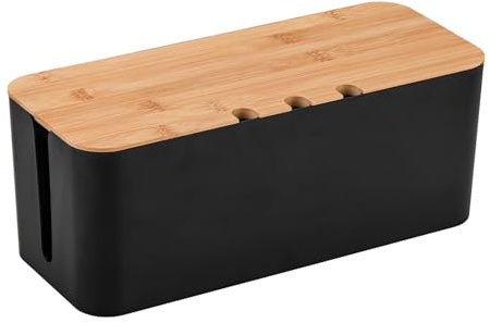 Scatola per la gestione dei cavi, con coperchio in bambù, 23,5 x 12 x 11,5 cm, scatola per la gestione dei cavi, colore nero
