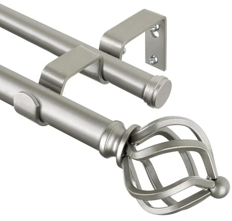 KAMANINA Double Curtain Rod 72 to 144 Inches(6-12 Feet), Dual Curtain Rods for Windows 66 to 120 Inches, 7/8 Inch Heavy Duty Drapery Rod with Twisted Cage Finials, Antique Silver