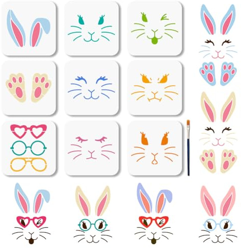 MAYJOYDIY 9 plantillas de cara de conejo, dibujos animados, orejas de conejo, plantillas de pintura, 15 × 15 cm, diseño de animales lindos con pincel, para manualidades, ventana, pared, madera