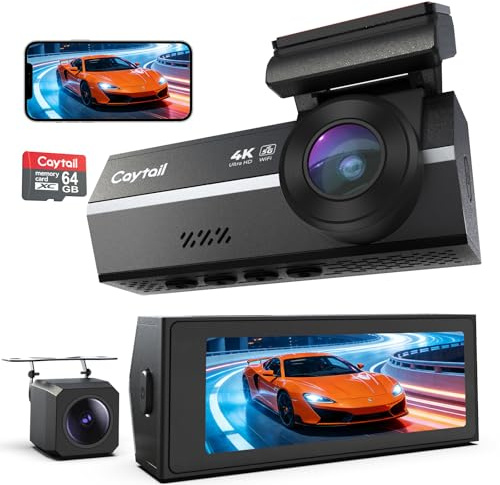 Caytail Dashcam 4K+2K – Cámara Coche Grabadora WiFi 5GHz con Tarjeta 64G, Cámara de Coche Frontal y Trasera, Grandangolo 170°+120°, Grabación en Bucle, Visión Nocturna WDR, Aparcamiento 24h, Sensor G
