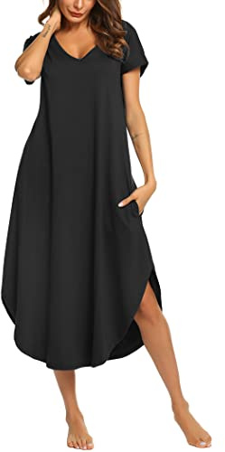 Ekouaer Long Nightgowns for Women Short Sleeve House Dress with Pockets V Neck Sleepshirts Side Split Sleepwear Black XX-Large