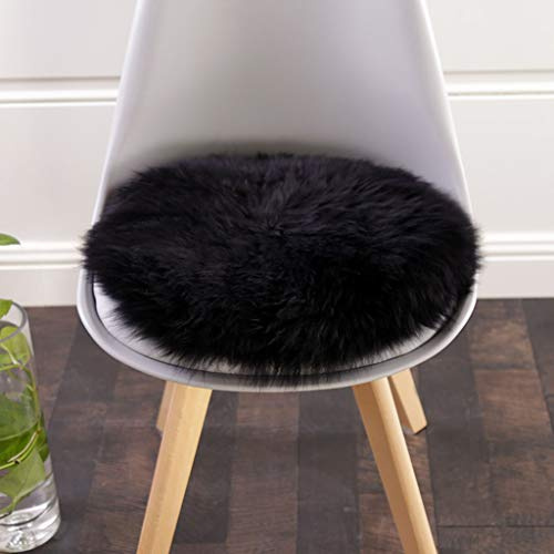 HC&WT Pelle Di Montone Tonda Cuscino Del Sedile, Pelliccia Lussuosa Cuscino Per Sedia Morbido Coprisedile Per Auto Scrivania In Lana Naturale Antiscivolo Cuscino Sgabello Sedia (Nero,Diametro 40 cm)