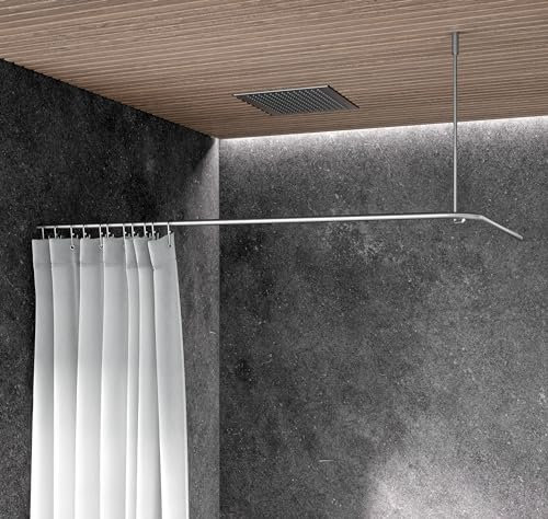 Duschstangen-Komplett-Set, Duschvorhangstange in L-Form 100x100 cm aus Edelstahl, Duschvorhang weiß 200x220 cm, 16 Haken, Badezimmer, Duschvorhangstangen-Set - PHOS Design