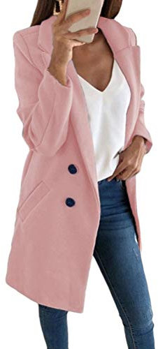 shownicer Femme Manteau Blazer Jacket Trench Coat Bouton de Mode Long Veste OL Vintage Chaud Manches Longues en Laine Cardigan Blouson Rose Clair L