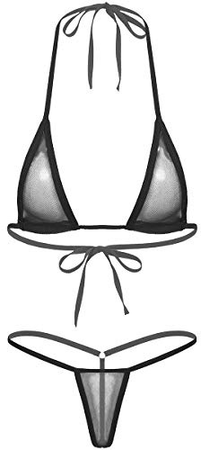 YOOJIA Kvinnors sexiga mikrostringtrosor brasiliansk bikini 2 delar baddräkt mini tankini push up bikini öppen behå push up bh push up badtopp med G-string snöre naken flesse, svart, One size