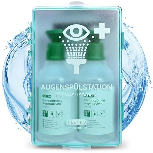 FLEXEO Augenspülstation inkl. 2 × 500 ml Kochsalzlösung und Wandhalterung | Augenspülung, Augendusche, Eyewash station | sterile NaCl 0,9% Augenspüllösung