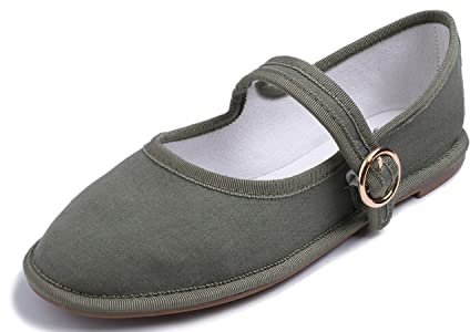 Feversole Women's Mary Jane Fashion，Scarpe Basse Classiche da Donna Décolleté Eleganti Mary Jane con Fibbia Morbida Scarpe da Ballo per Balletto per Donna Tela Cachi Verdi 38
