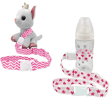 Juego de 2 piezas para sujetar juguetes, ducha, biberón, botella para bebé o niño, cochecito, asiento de coche, silla alta, carro | Colgador de correa ajustable | Cadena clip | 0 a 3 años (Rosa suave)