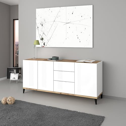 Dmora - Buffet Paolo, Buffet de cuisine 3 portes et 3 tiroirs, 100% Made in Italy, 160x40h82 cm, blanc brillant et érable