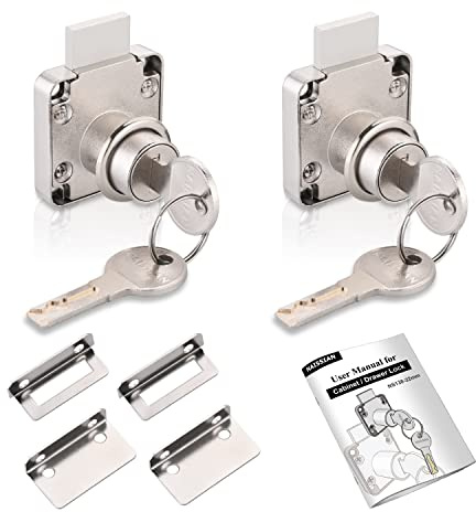 Naissian Cabinet Locks with Keys, Home Desk Lock for Drawer 7/8 Office Furniture Drawer Lock Latch, Pack of 2 Locks with 4 Keys Alike, Nickel