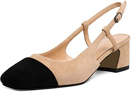 EDEFS Escarpins Femme Talons Bloc Slingback Bout Carré 5CM Chaussure Femme Mariage Bureaux Cérémonie Noir-Beige EU39