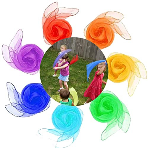 7 Stück Bunte Tücher Baby Probuk Tanz Tücher 45*45cm,Gymnastik Tücher Kinder, Jongliertücher Set,Kindergarten Tücher,Chiffontücher für Kindergarten, Tanzen, Jonglieren, Kindershow, Aktivitäten Zubehör