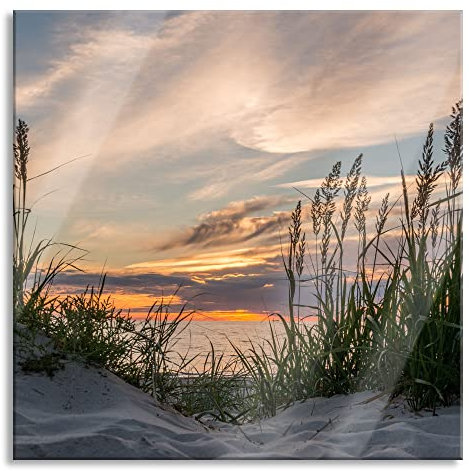 Pixxprint Glasbild, Wandbild auf Echtglas, Gras am Strand bei Sonnenuntergang, 50x50 cm, inkl. Aufhängung und Abstandshalter