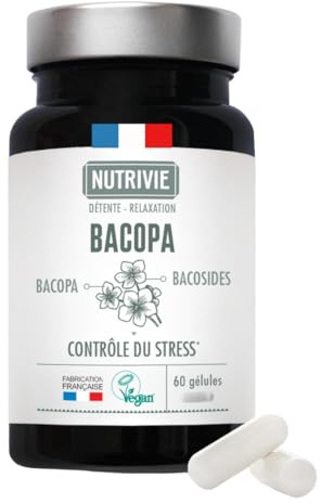 Bacopa Monnier - Hautement dosé 800mg d'extrait - Titré à 20% de Bacosides - Mémoire, Motivation & Gestion du Stress - 60 gélules - Fabriqué en France - Nutrivie