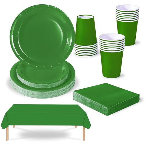 69 Pezzi Set Stoviglie per Feste Verde,Piatti Tazze Asciugamani di Carta Tovaglia Plastica Stoviglie Monouso Biodegradabili,Decorazione Desktop per Feste di Compleanno,Picnic,Baby Shower