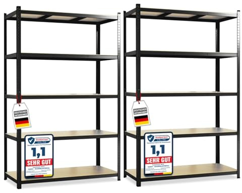 KARAT – Lot de 2 étagères Robustes Lakota pour Charges Lourdes – Étagères enfichables avec 5 tablettes réglables – Rayonnages en métal Idéal pour Cave ou Garage – Noir, 200 x 100 x 50 cm